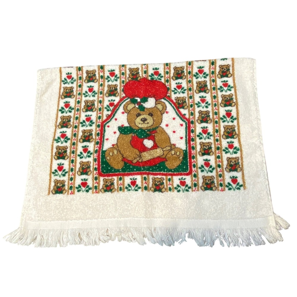 Vintage 80s Cannon Baker Teddy Bear Kitchen Towel Fringe 15"x24" USA Chef Foodie
